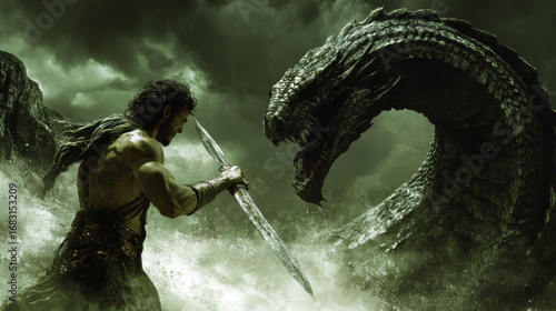 Muscular Warrior Battles a Mythical Sea Monster in Dark Green Ocean Waves