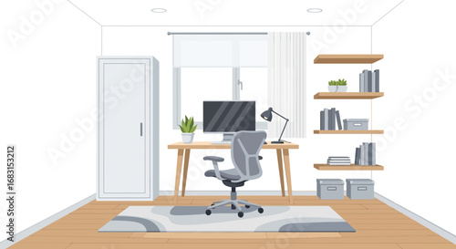 Cozy home office setup with workspace, chair, and wooden shelving system