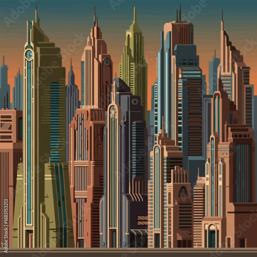 Stylized pixel art cityscape featuring towering Art Deco-inspired skyscrapers under a warm orange sky, showcasing a retro-futuristic urban landscape.