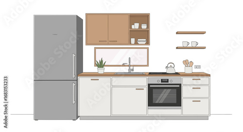 Cozy kitchen illustration featuring modern appliances and minimalist design
