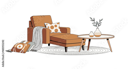 Cozy interior with lounger, pillows, rug and vases creates a tranquil atmosphere