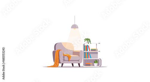 Cozy interior scene with armchair, shelving and warm lighting effect