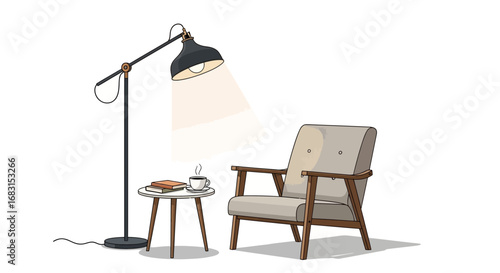 Cozy living room corner with armchair, floor lamp, and coffee table illustration