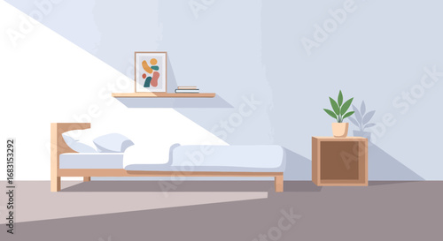 Cozy minimalistic bedroom interior with abstract art and potted plant