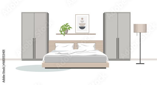 Elegant bedroom arrangement with minimalist decor and neutral palette