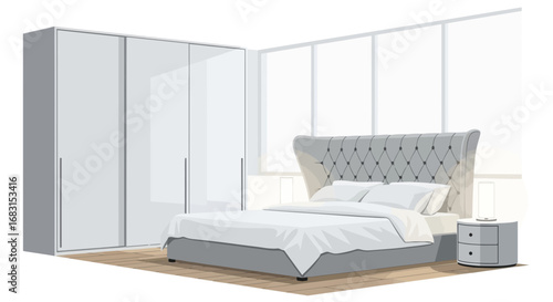 Elegant Bedroom Interior Design with Wardrobe and Large Window Illustration