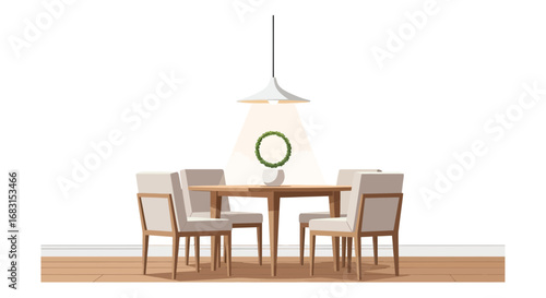 Elegant dining area illustration featuring light wood table and chairs
