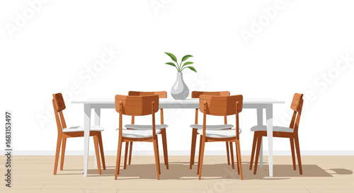 Elegant dining area with a modern white table and four wooden chairs