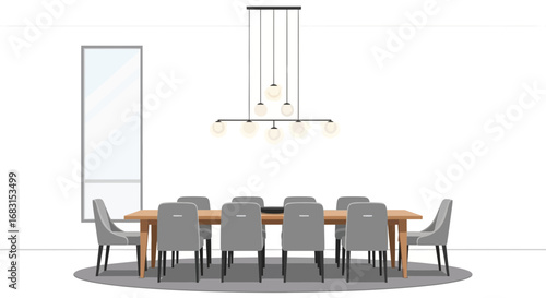 Elegant dining area with a wooden table, upholstered chairs and chandelier