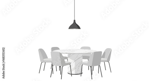 Elegant dining room setup with marble table and modern pendant lamp