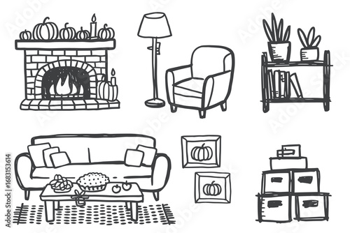 Cozy Autumn Living Room with Fireplace, Pumpkin Decor, and Comfortable Seating Elements for a Warm Seasonal Atmosphere