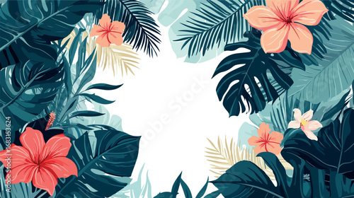 Vibrant tropical jungle foliage with blooming hibiscus flowers and palm leaves