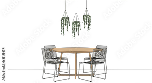 Elegant dining space with round table, chairs and hanging plants design