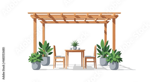 Elegant garden arrangement under a wooden pergola, with potted plants