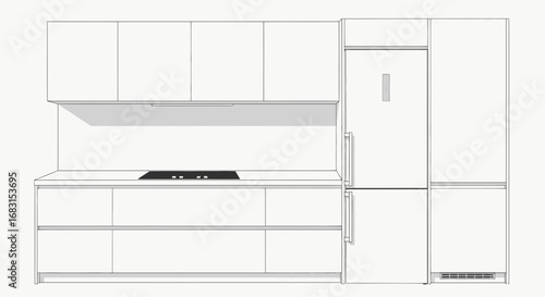 Elegant kitchen design in minimalist style featuring white cabinets and fridge