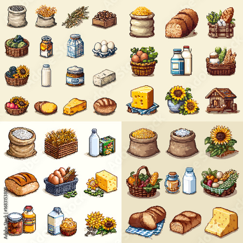Pixel-art farm produce illustration with bread, cheese, eggs, milk, flour sacks, grains, sunflowers, and baskets of food.