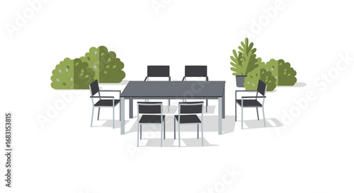 Elegant modern outdoor dining set with lush greenery background illustration