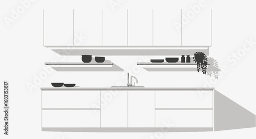 Elegant Monochrome Kitchen Interior Illustration with Minimalist Design