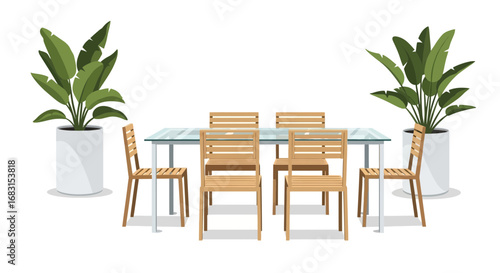 Elegant outdoor dining set with tropical plants enhancing patio ambience
