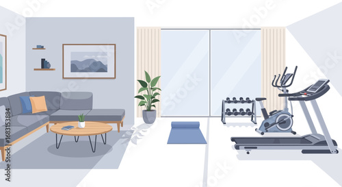 Harmonious blend of home gym and living space in a contemporary design