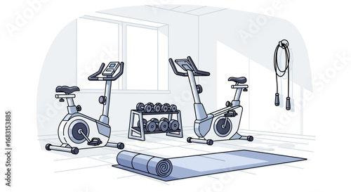Gym interior scene with exercise bikes, dumbbells, mat and skipping rope