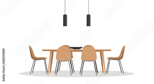 Illustration of a modern dining room with a wooden table and chairs