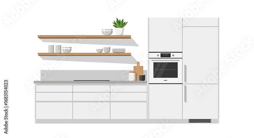 Illustration of a Modern Kitchen Interior with White Cabinets and Wooden Shelves