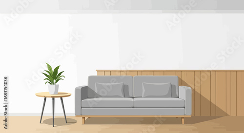Illustration of a modern living room interior with stylish sofa and plant
