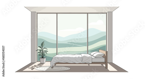 Illustration of a serene bedroom with scenic mountain view through window