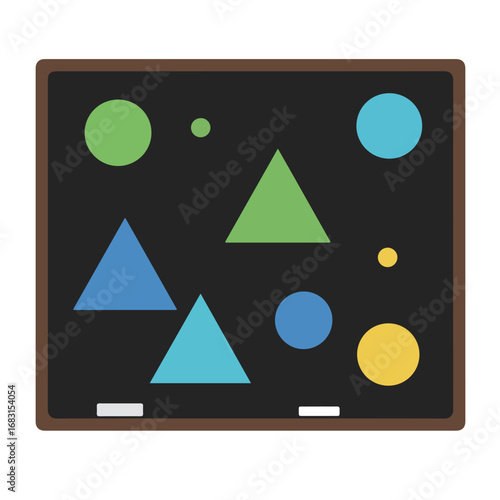 A black chalkboard displays various colored shapes