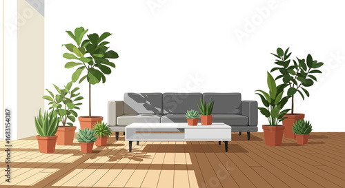 Indoor oasis with potted plants in a minimalist living space drawing