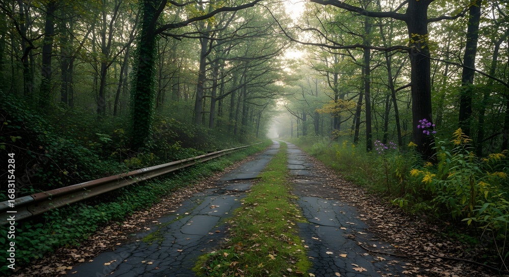 Fototapeta premium Mystical forest road beckons toward misty unknown path
