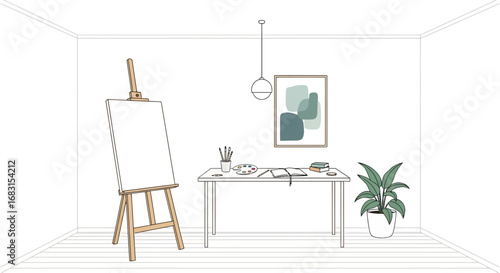 Minimalist artist studio with easel and artwork on white wall background