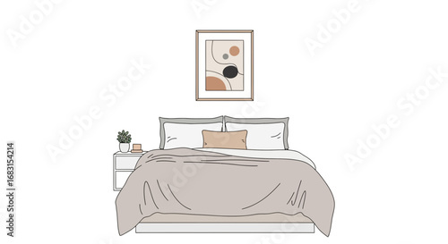 Minimalist Bedroom Illustration with Bedside Table and Wall Decor