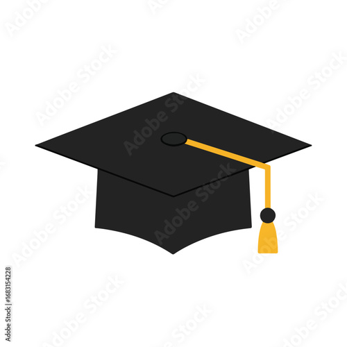 A black graduation cap with a yellow tassel hangs on the right The cap has a square top