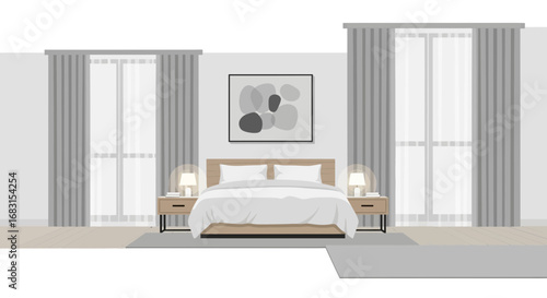 Minimalist bedroom interior design with calm color palette and soft lighting