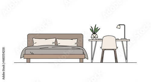 Minimalist Bedroom Interior Illustration with Desk and Bed in Soft Tones