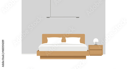Minimalist bedroom interior with light wooden bed and gray backdrop design