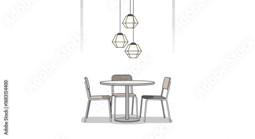 Minimalist dining area with round table and pendant geometric lamps