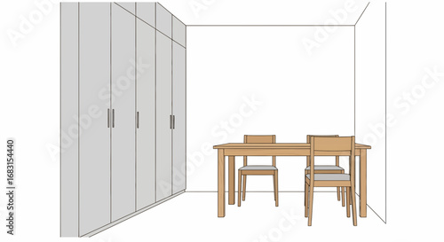 Minimalist dining room scene with wardrobe storage and table setting