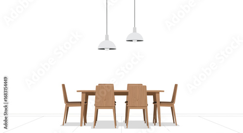 Minimalist dining room scene with wooden table and chairs illustration