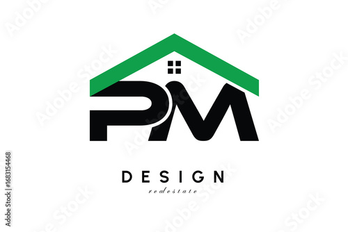 PM Letter Logo – Green Roof House Monogram for Real Estate & Home Branding