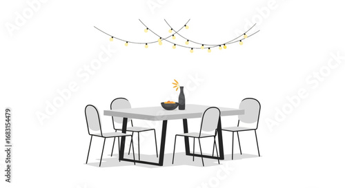 Minimalist dining room setup under string lights creates inviting ambiance