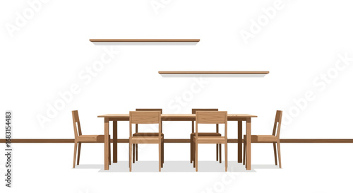 Minimalist Dining Room Setup with Wooden Furniture and Floating Shelves