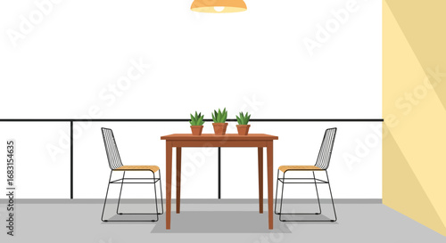 Minimalist illustration of a table setting with plants and modern chairs