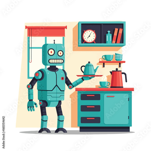 A funny cartoon robot servant with a shocked expression holding a tray with a teapot in a kitchen.