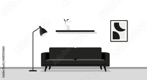 Minimalist interior design, showcasing modern furniture arrangement in a clean style