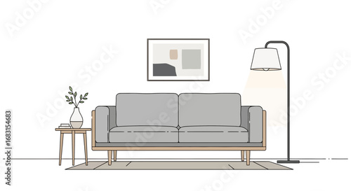 Minimalist interior illustration featuring a gray sofa and decor elements
