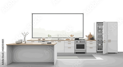 Minimalist kitchen design with island and open cabinet for modern lifestyle