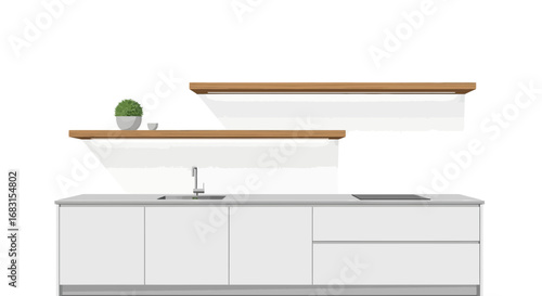 Minimalist kitchen interior with modern cabinetry and floating wooden shelves